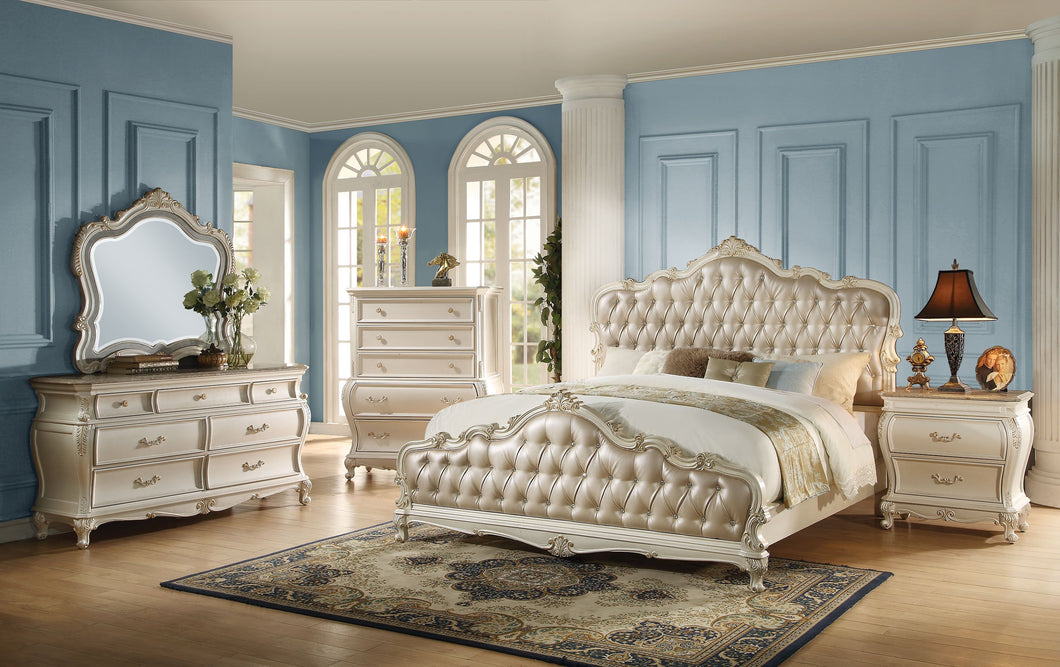 Acme Chantelle Rose Gold PU Pearl White King Bedroom Set