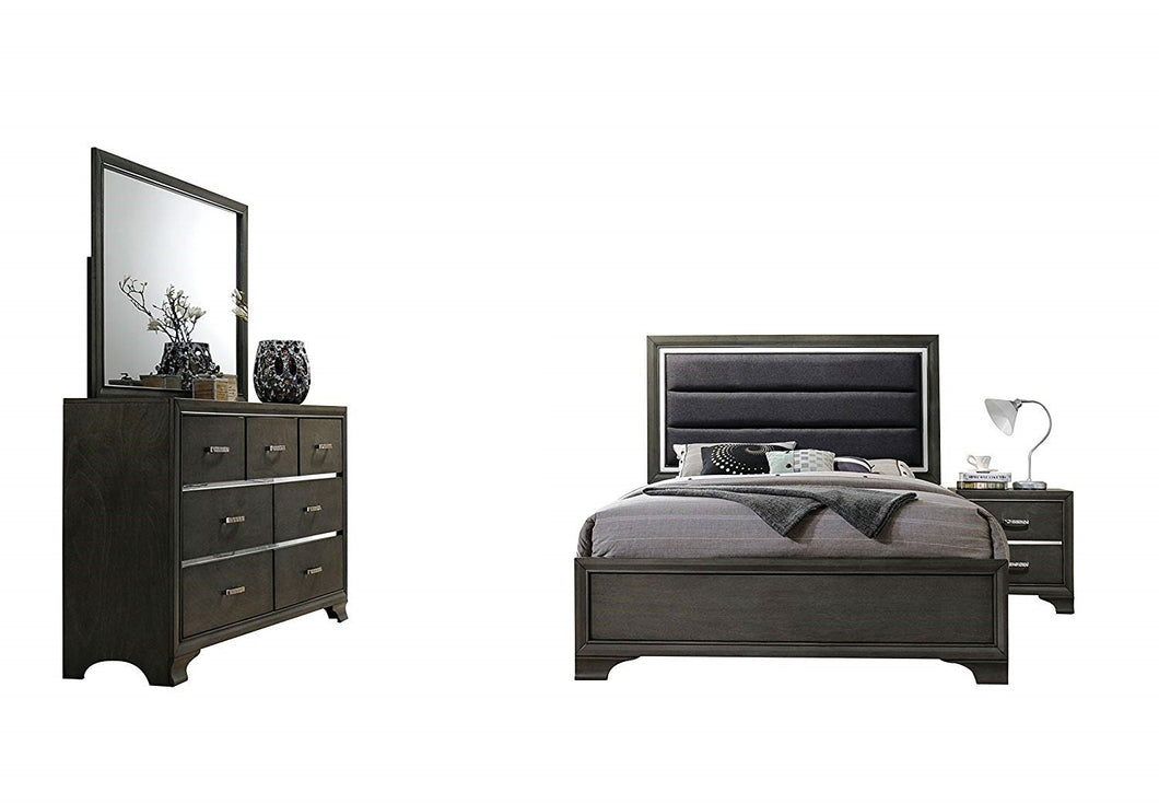 Acme Carine II Gray Fabric And Wood Finish 4 Piece Queen Bedroom Set