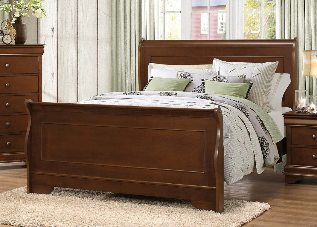 1856-1 Traditional Louis Philippe Brown Cherry Wood Queen Sleigh Bed
