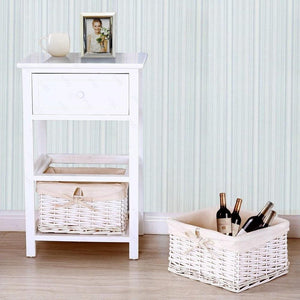 White Wood 1-Drawer End Table Nightstand with 2 Baskets