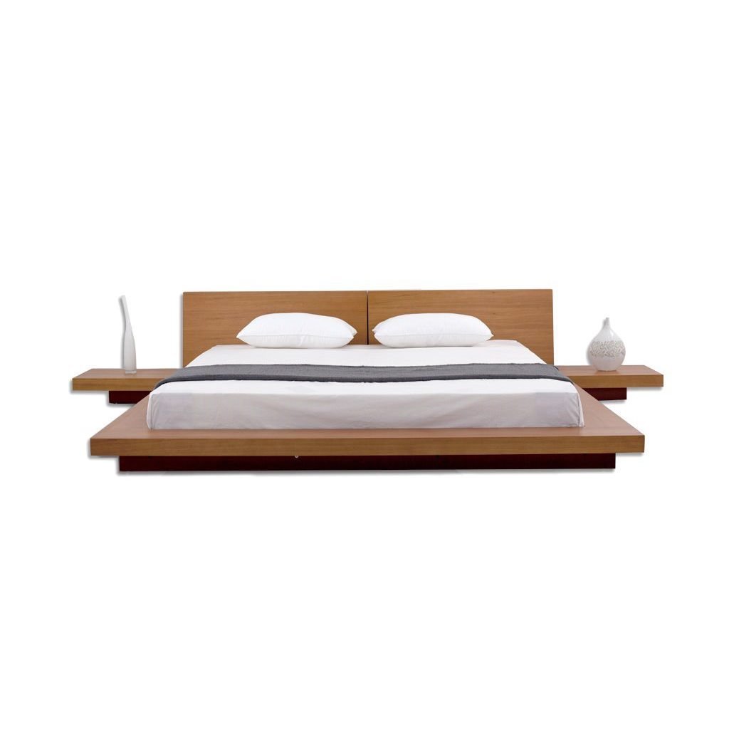 King Modern Japanese Style Platform Bed with Headboard and 2 Nightstands in Oak