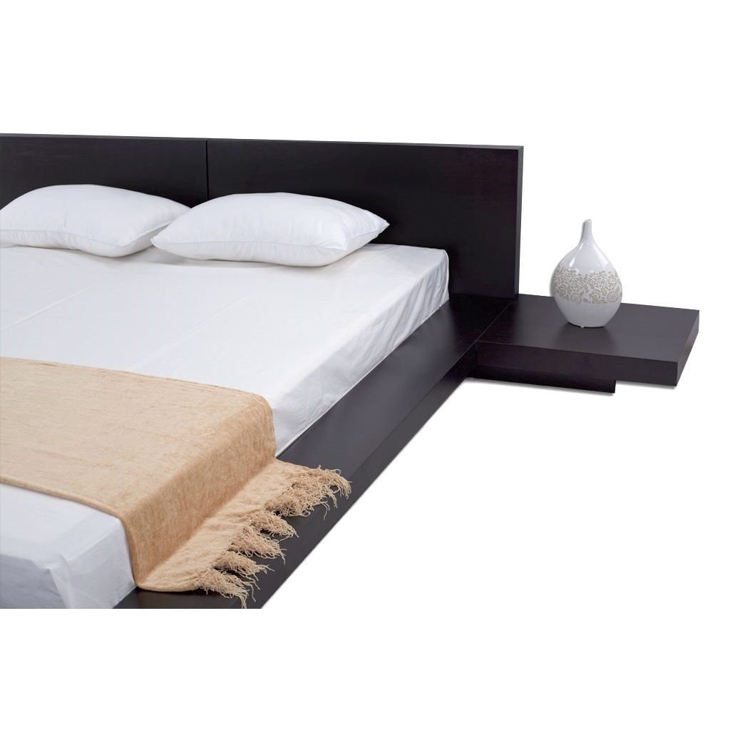 Queen Modern Platform Bed w- Headboard and 2 Nightstands in Espresso
