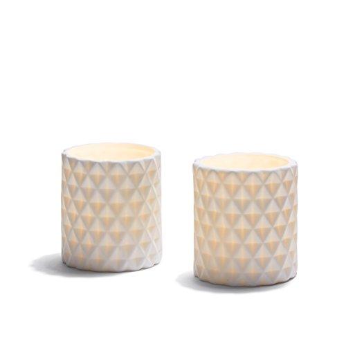 2 White Flameless Pillar Candles, Warm White Leds, Diamond Ceramic Vessel, Poured Wax Interior, Timer Option And Batteries Included
