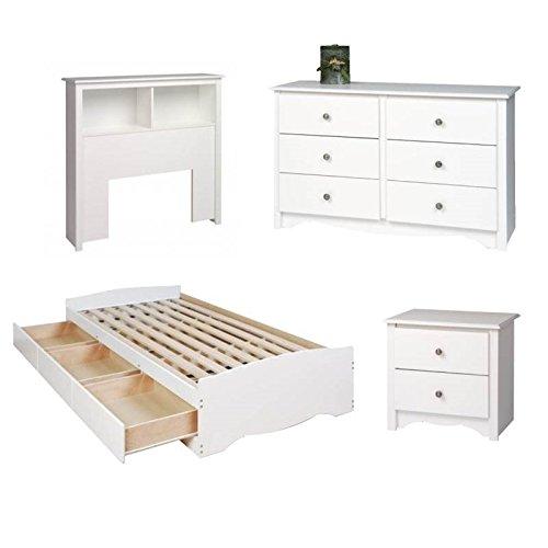 4 Piece Kids Bedroom Set with Bed, Headboard, Dresser, and Nightstand in White