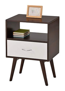 eHomeProducts Side End Table/Nightstand with Drawer/Shelf, White/Espresso