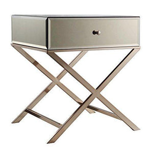 Contemporary Glass Mirror Accent Nightstand End Table with 1 Drawer and X Metal Legs (Champagne Gold)