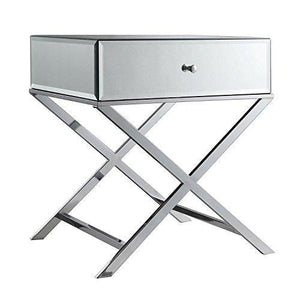 Contemporary Glass Mirror Accent Nightstand End Table with 1 Drawer and X Metal Legs (Chrome)