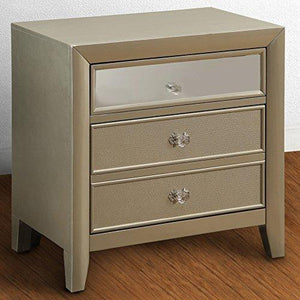 Contemporary Silver Wood 2 Drawer Nightstand End Table with Mirror Panel Lining on Top Drawer