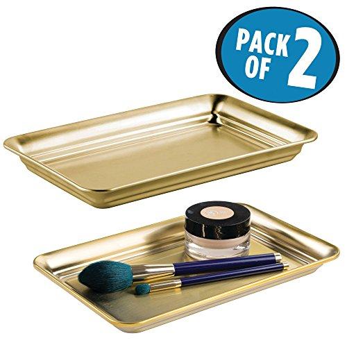 mDesign Storage Organizer Tray for Bathroom Vanity Countertops, Closets and Dressers – Holder for Watches, Earrings, Makeup Brushes, Reading Glasses, Perfume - Pack of 2, Soft Brass