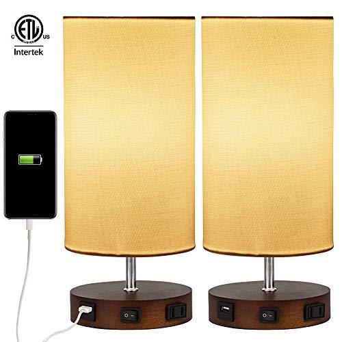 2 X Modern Table Lamp,Usb Side Table Lamp Set,Solid Wood Nightstand Lamps With White Linen Shades,Ambient Light,Usb Charging Port &Amp; Power Socket Perfect For Living Room Bedroom Or Office