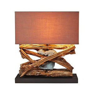 Rustic Wood Stone Table Lamp Natural Reclaimed Driftwood Coastal Nautical Tropical Art Piece Shade