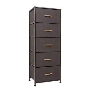Crestlive Products Vertical Dresser Storage Tower - Sturdy Steel Frame, Wood Top, Easy Pull Fabric Bins, Wood Handles - Organizer Unit for Bedroom, Hallway, Entryway, Closets - 5 Drawers (Brown)