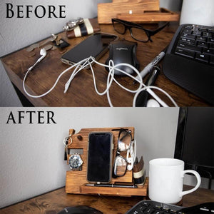 New wooden docking station for men and women nightstand organizer with coaster charges phone and holds keys watch wallet glasses ring pen coins perfect gift with varnish finish by peraco