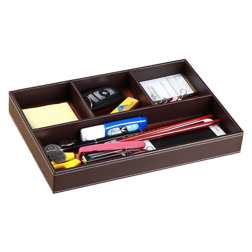 Valet Tray Men Nightstand Drawer Organizer 4 Compartments PU Leather Office Table Stationery Storage Box for Key Phone Coin Wallet Jewelry Glasses Cosmetics Business Card Pen Watch Note Paper (Brown)