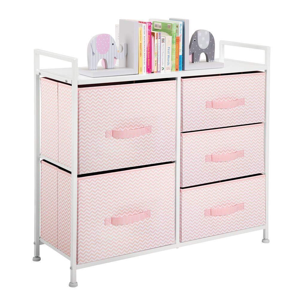 mDesign Wide Dresser Storage Tower Furniture - Metal Frame, Wood Top, Easy Pull Fabric Bins - Organizer for Kid's Bedroom, Hallway, Entryway, Closets, Dorm - Chevron Print, 5 Drawers - Pink/White