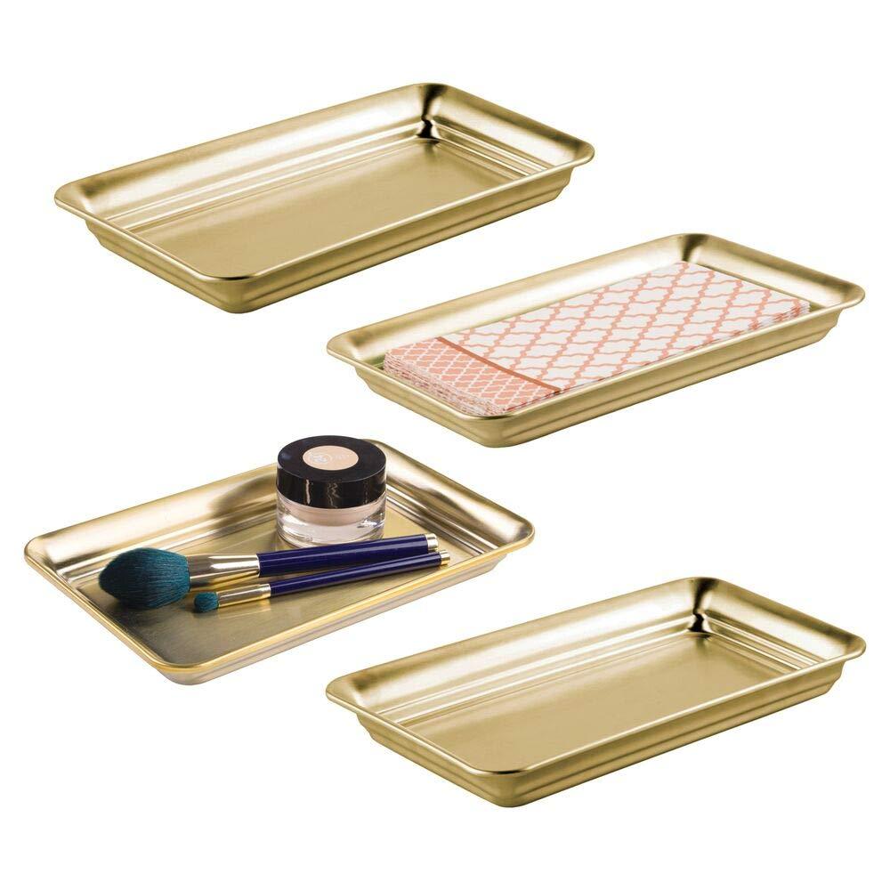 mDesign Metal Storage Organizer Tray for Bathroom Vanity Countertops, Closets, Dressers - Holder for Watches, Earrings, Makeup Brushes, Reading Glasses, Perfume, Guest Hand Towels, 4 Pack - Soft Brass