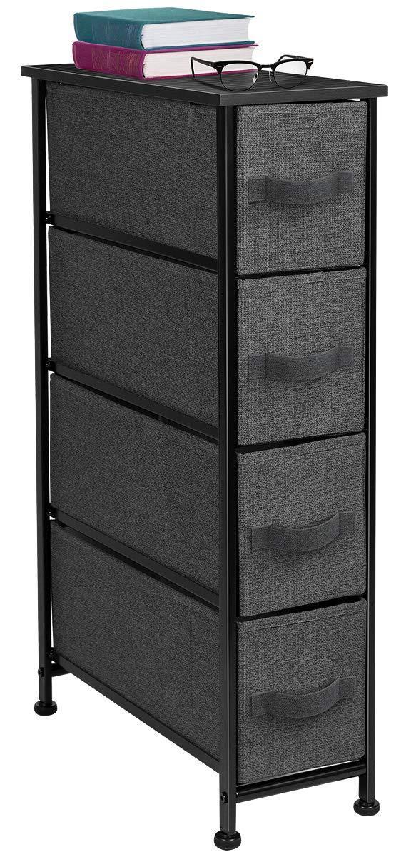 Sorbus Narrow Dresser Tower with 4 Drawers - Vertical Storage for Bedroom, Bathroom, Laundry, Closets, and More, Steel Frame, Wood Top, Easy Pull Fabric Bins (Black/Charcoal)