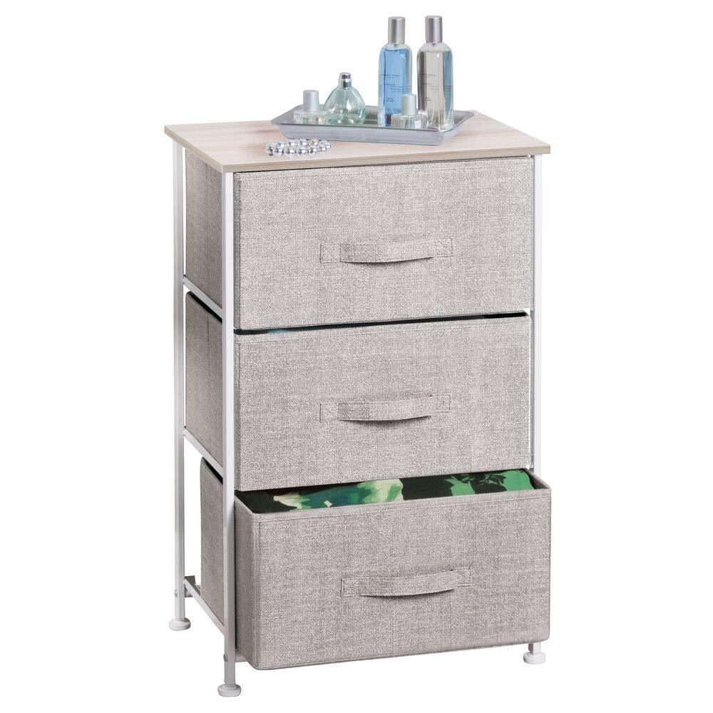 mDesign Vertical Dresser Storage Tower - Sturdy Steel Frame, Wood Top, Easy Pull Fabric Bins - Organizer Unit for Bedroom, Hallway, Entryway, Closets - Textured Print - 3 Drawers - Linen/Natural