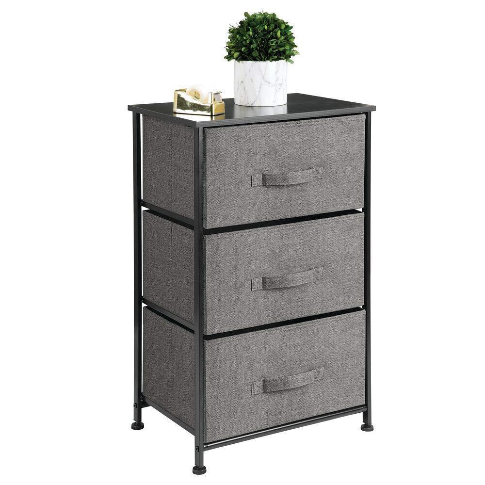 mDesign Vertical Dresser Storage Tower - Sturdy Steel Frame, Wood Top, Easy Pull Fabric Bins - Organizer Unit for Bedroom, Hallway, Entryway, Closets - Textured Print - 3 Drawers, Charcoal Gray/Black