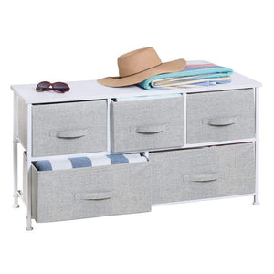 mDesign Extra Wide Dresser Storage Tower - Sturdy Steel Frame, Wood Top, Easy Pull Fabric Bins - Organizer Unit for Bedroom, Hallway, Entryway, Closets - Textured Print - 5 Drawers - Gray/White