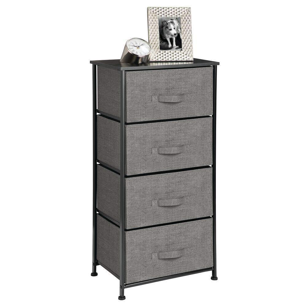 mDesign Vertical Dresser Storage Tower - Sturdy Steel Frame, Wood Top, Easy Pull Fabric Bins - Organizer Unit for Bedroom, Hallway, Entryway, Closets - Textured Print - 4 Drawers - Charcoal Gray/Black