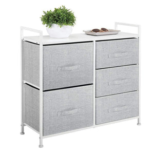 mDesign Wide Dresser Storage Tower - Sturdy Steel Frame, Wood Top, Easy Pull Fabric Bins - Organizer Unit for Bedroom, Hallway, Entryway, Closets - Textured Print, 5 Drawers - Gray/White
