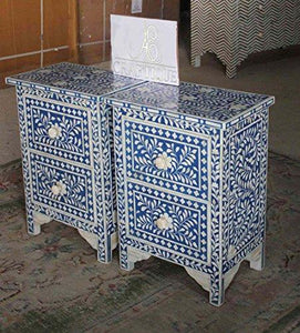 Ace Craftique Wooden Handmade Bone Inlay Bedside End Table for Living Room - Blue