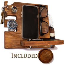 Load image into Gallery viewer, Kitchen wooden docking station for men and women nightstand organizer with coaster charges phone and holds keys watch wallet glasses ring pen coins perfect gift with varnish finish by peraco