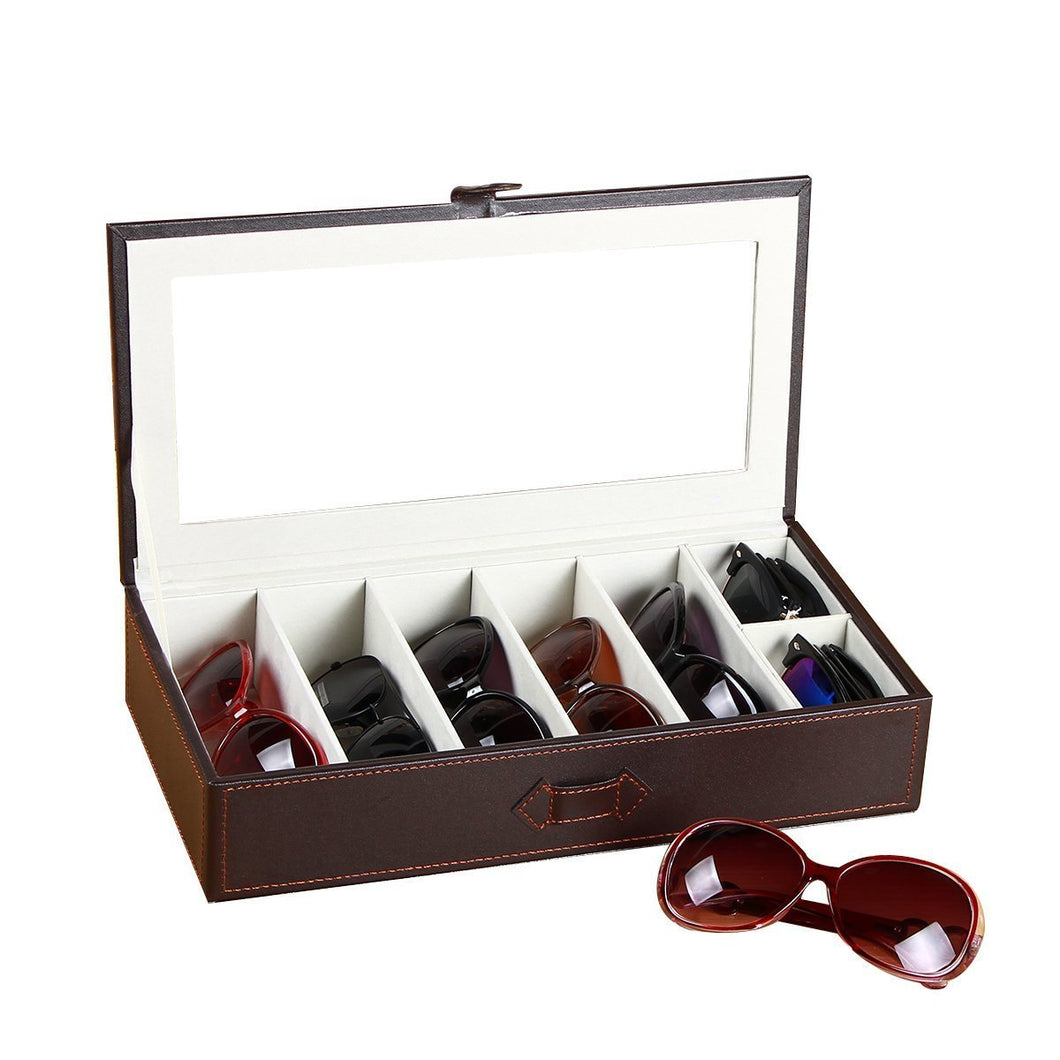 YAPISHI 7 Slots Sunglass Organizer Transparent Eyeglasses Display Case for Men Women Leather Glasses Holder Eyewear Storage Box for Home Decoration/Nightstand/Bedside/Beside Table/Dresser Top (Brown)