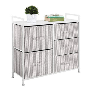 mDesign Wide Dresser Storage Tower - Sturdy Steel Frame, Wood Top, Easy Pull Fabric Bins - Organizer Unit for Bedroom, Hallway, Entryway, Closets - Chevron Print, 5 Drawers - Taupe/White