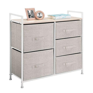 mDesign Wide Dresser Storage Tower - Sturdy Steel Frame, Wood Top, Easy Pull Fabric Bins - Organizer Unit for Bedroom, Hallway, Entryway, Closets - Textured Print, 5 Drawers - Linen/Tan
