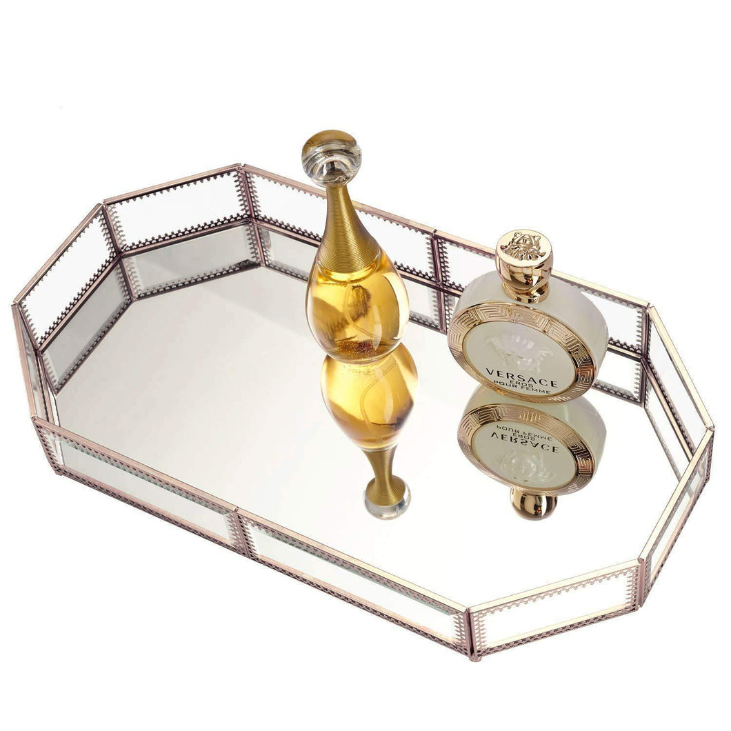 Hersoo Large Classic Vanity Tray/Ornate Decorative Perfume/Elegant Mirrorred Tray for Skincare/Dresser/Vintage Organizer for Bathroom/Countertop/Bathroom Accessories Organizer (Brass)
