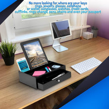 Load image into Gallery viewer, Shop here ideas in life valet drawer charging station black nightstand organizer wallet and key tray holds watches jewelry tablet 5 compartment cell phone holder for men and women