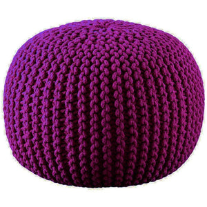 Evomax Hand Knitted Cable Style Dori Pouf - Floor Ottoman - 100% Cotton Braid Cord - Handmade & Hand Stitched - Truly one a Kind Seating - Knitted Round Pouf 18x18x16 (Purple)