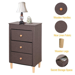ITIDY 3-Drawer-Dresser,Premium Linen Fabric Nightstand,Bedside Table,End Table,Storage Drawer Chest for Nursery,Closet,Bedroom and Bathroom,Storage Drawer Unit, NO Tool REQURIED to Assemble, Brown