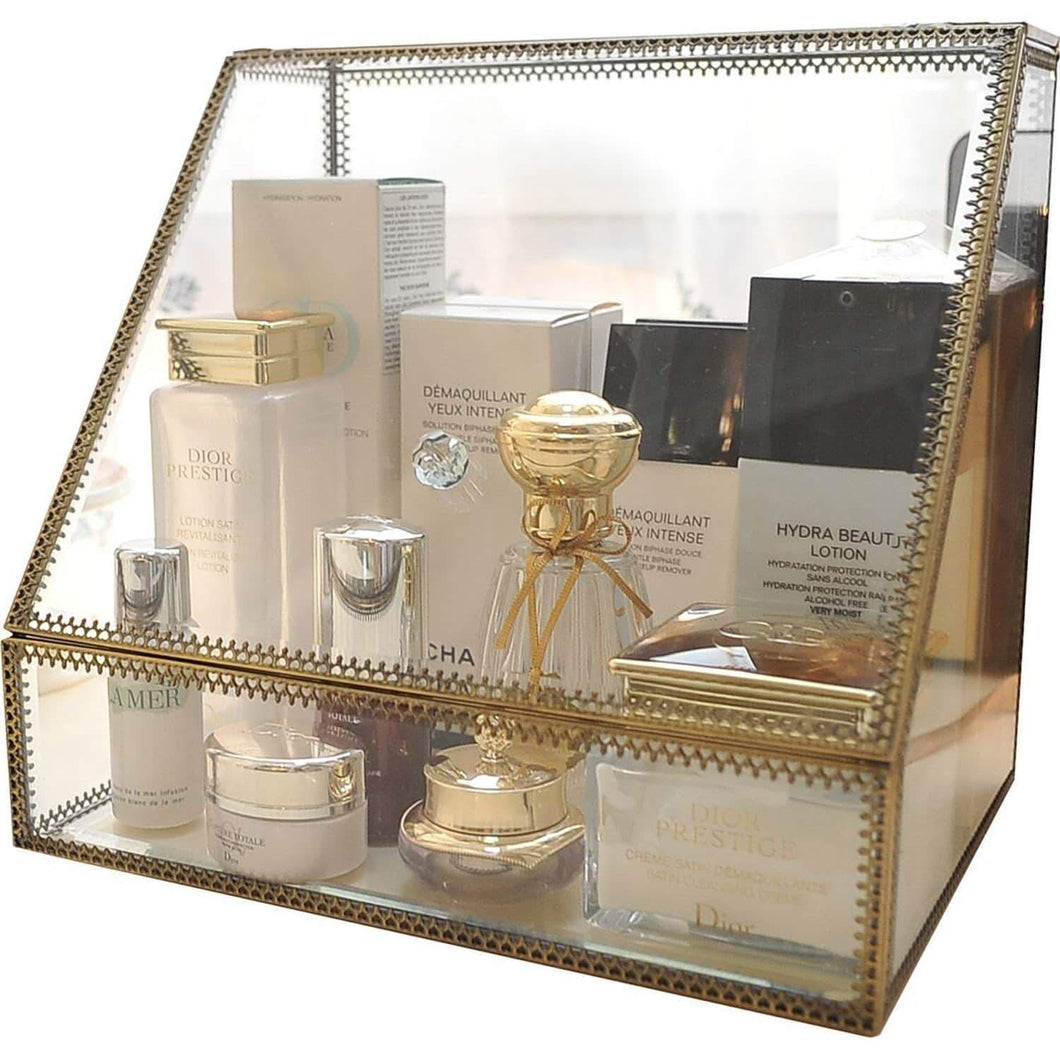 Hersoo Large Cosmetics Makeup Organizer Transparent Bathroom Accessories Storage Glass Display with Slanted Front Open Lid-Cosmetic Stackable Holder for Makeup, Brushes, Perfumes, Skincare
