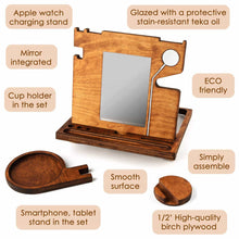 Load image into Gallery viewer, Heavy duty rostmary wooden docking station smart watch stand phone holder nightstand desk organizer for smartphone watch and wallet holder for him for men for dad husband gift set 3 in 1