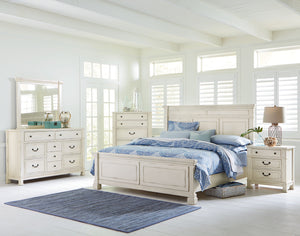 Athena Distressed Vintage White Finish Wood Queen Bed, Dresser, Mirror, 2 Nightstands, Chest