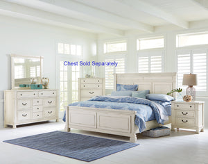 Athena Distressed Vintage White Finish Wood Queen Bed, Dresser, Mirror, 2 Nightstands