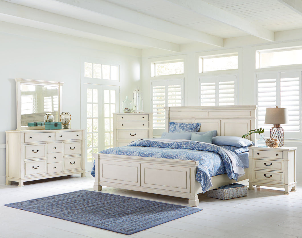 Athena Distressed Vintage White Finish Wood King Bed, Dresser, Mirror, 2 Nightstands, Chest
