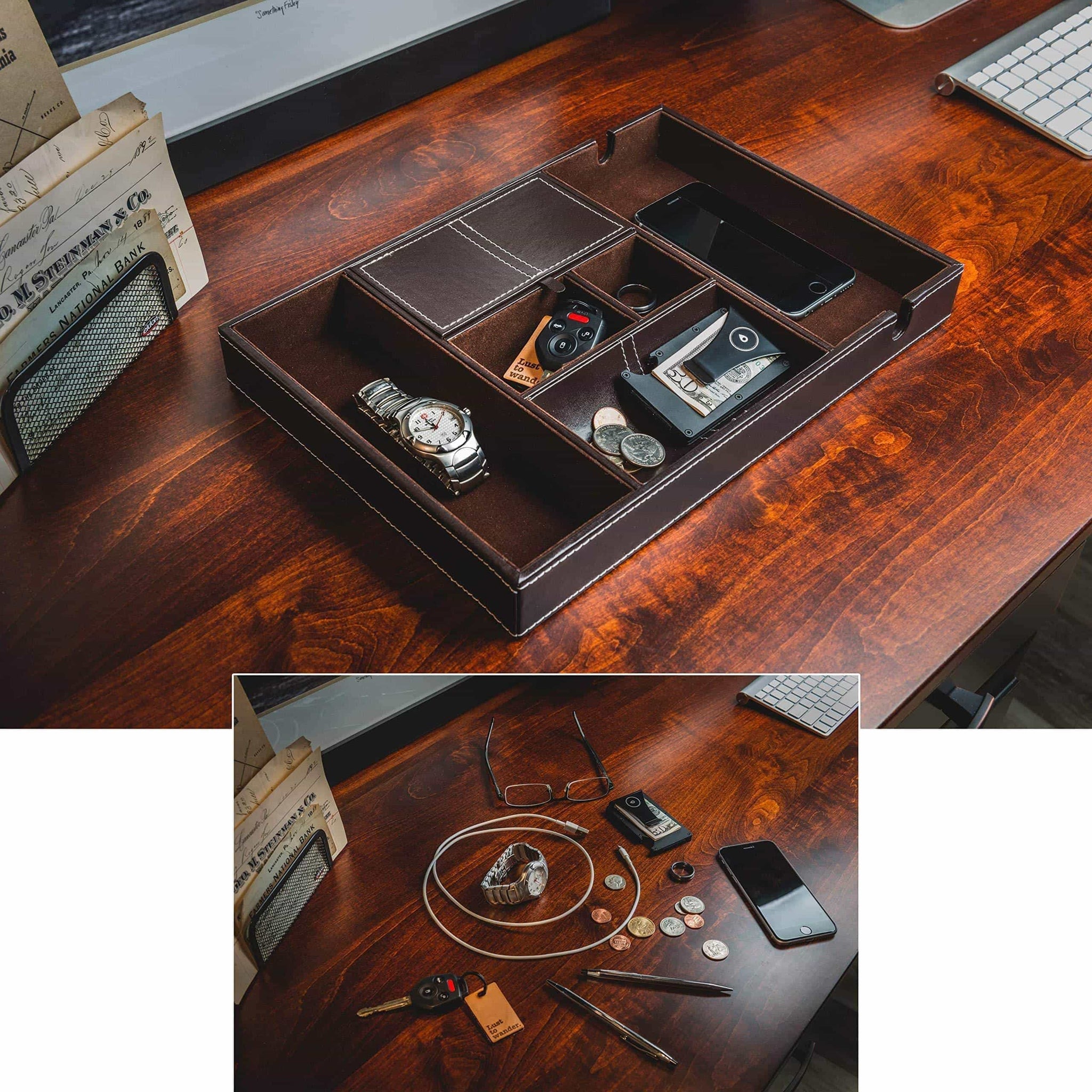 mens leather dresser tray Amazon.com: Main Street Forge Leather Valet Tray for Men Rustic EDC Organizer for Keys, Phone & Wallet Made in USA Whiskey Barrel Brown : Clothing, Shoes & Jewelry
