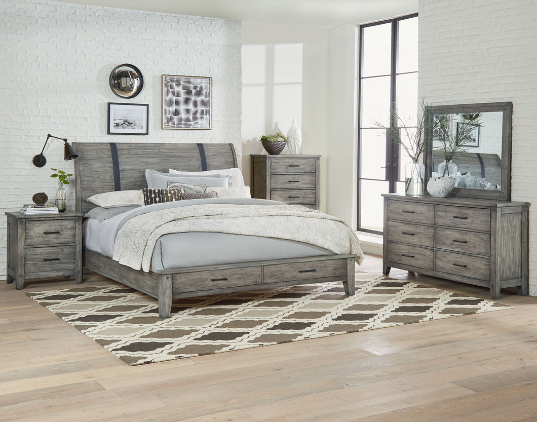 Benjamin Reclaimed Rustic Grey Finish King Sleigh Storage Bed, Dresser, Mirror, Nightstand, Chest