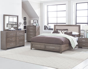 Anderson Neutral Grey Burnished Paint Finish King Storage Bed, Dresser, Mirror, 2 Nightstands, Chest.