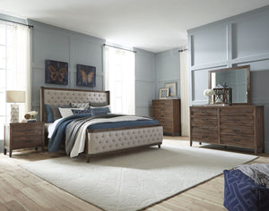 Bryan Walnut Wood Finish Acacia solids, Acacia Veneer.Queen Upholstery Bed, Dresser, Mirror, 2 Nightstands, Chest