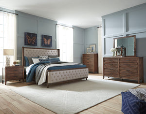 Bryan Walnut Wood Finish Acacia solids, Acacia Veneer. King Upholstery Bed, Dresser, Mirror, Nightstand, Chest