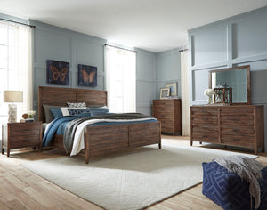 Bryan Walnut Wood Finish Acacia solids, Acacia Veneer. Queen Wood-Panel Bed, Dresser, Mirror, Nightstand, Chest