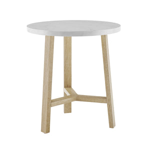 20" Round Side Table - White Marble and Light Oak