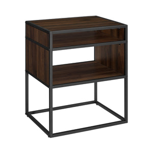 20" Mid Century Modern Urban Industrial Metal and Wood Side Table with Open Shelf - Dark Walnut