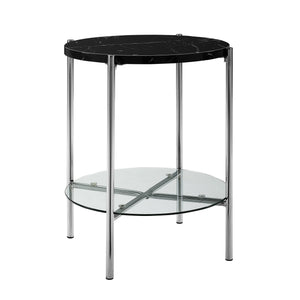 20" Round Side Table - Black Marble Top, Glass Shelf, Chrome Legs
