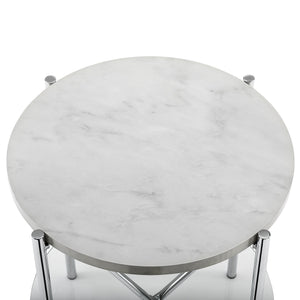 20" Round Side Table - White Marble Top, Glass Shelf, Chrome Legs